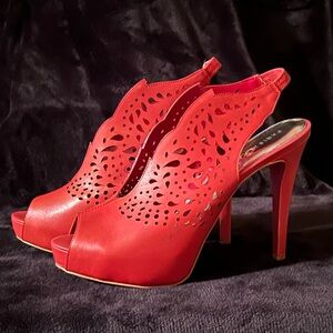 Paris Hilton Talia Red Leather Peep Toe Heels with Cutout Design